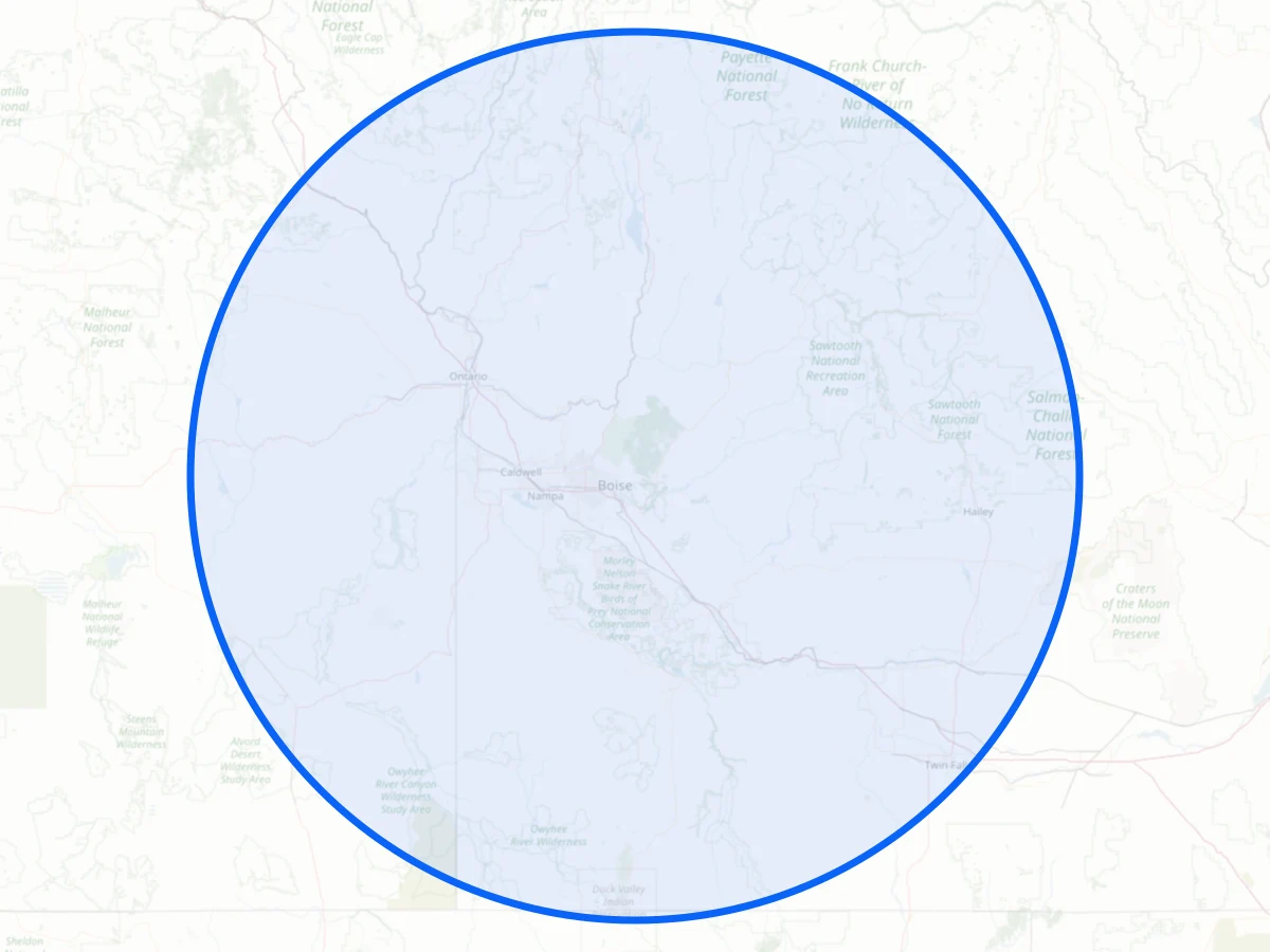 Regional street map with one large circle showing A.A. Sealcoat service coverage in Eastern Oregon, the Treasure Valley, the Magic Valley, and north to McCall